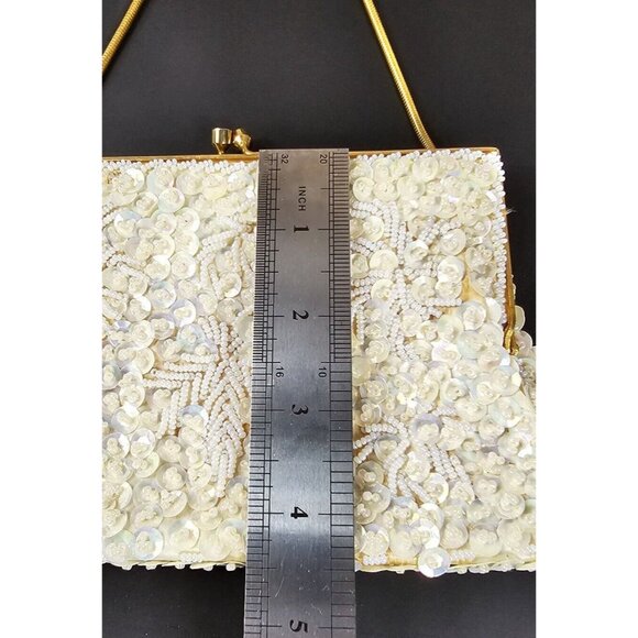 Beaded Clutch Purse Evening Bag Hand Made in Hong Kong MCM Sequin Ivory 7"x4.5" - Picture 3 of 9